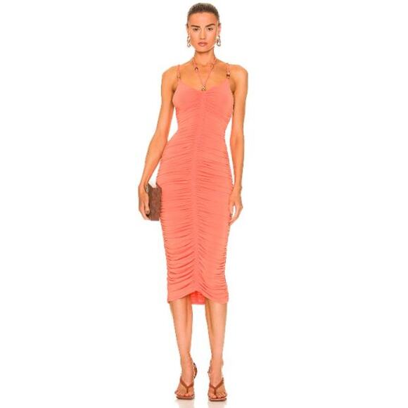 ALC Allegra Ruched Bead Embellished Midi Dress Bodycon Halter Orange Size Medium - Picture 6 of 12